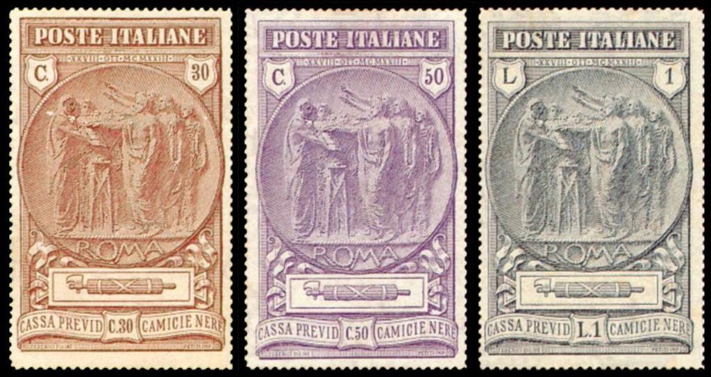 29 ottobre 1923 CAMICIE NERE Stampa: tipografica Fogli: 24 (6 x 4) Filigrana: corona Dentellatura: 14 lineare Disegnatore e incisore: E. Federici Tiratura: 200.