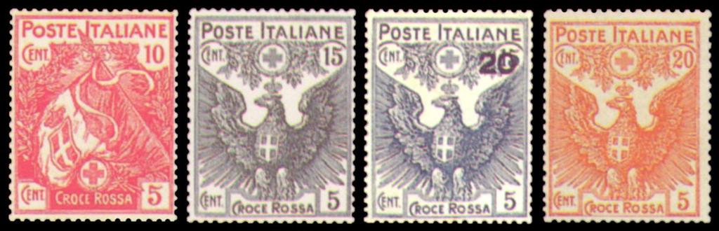 20 novembre 1915/. marzo 1916 - PRO CROCE ROSSA Stampa: tipografica Soprastampa: tipografica Fogli: 50 x 2 (x 2) Filigrana: corona Dentellatura: 14 a pettine Date di emissione: nn.