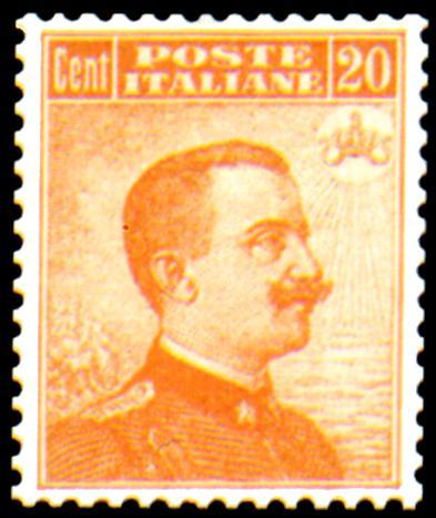 8 dicembre 1916 20 CENTESIMI TIPO MICHETTI, SENZA FILIGRANA Stampa: tipografica Fogli: 100 x 2 Filigrana: senza filigrana Dentellatura: 13 ¼ x 13 ¾ a pettine Validità: 31 dicembre 1925 107 20c.