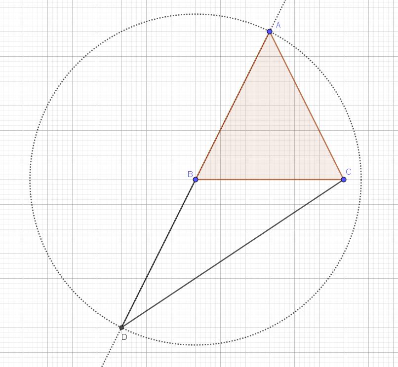1 Sia ABC un triangolo isoscele di vertice A, Prolungare il lato AB di un segmento BD AB e dimostrare che DC> AB. triangolo ABC isoscele con AC AB ; A, B, D allineati; BD AB.