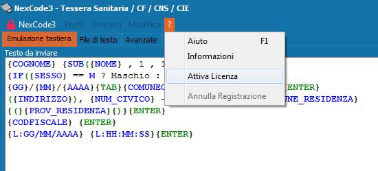 ATTIVAZIONE DI NEXCODE Per attivare, avviare il programma e procedere come segue. Scegliere Attiva licenza sul menu?