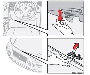 09 Manutenzione e assistenza 09 Cofano e vano motore Apertura del cofano Tirare la maniglia di bloccaggio collocata a sinistra sotto il cruscotto. Quando il fermo si sgancia, si sente un "clic".
