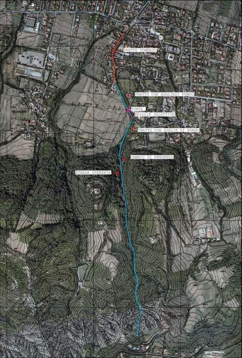 Figura 2 - Schema sinottico del Rio Bianello: principali caratteristiche e opere (in rosso l alveo arginato, in azzurro quello non arginato) 6.