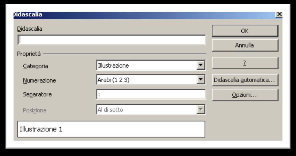 tasto destro del mouse Didascalia nella finestra Didascalia, scrivere il testo della didascalia nella casella Didascalia (e cambiare il tipo di elemento nell elenco di discesa