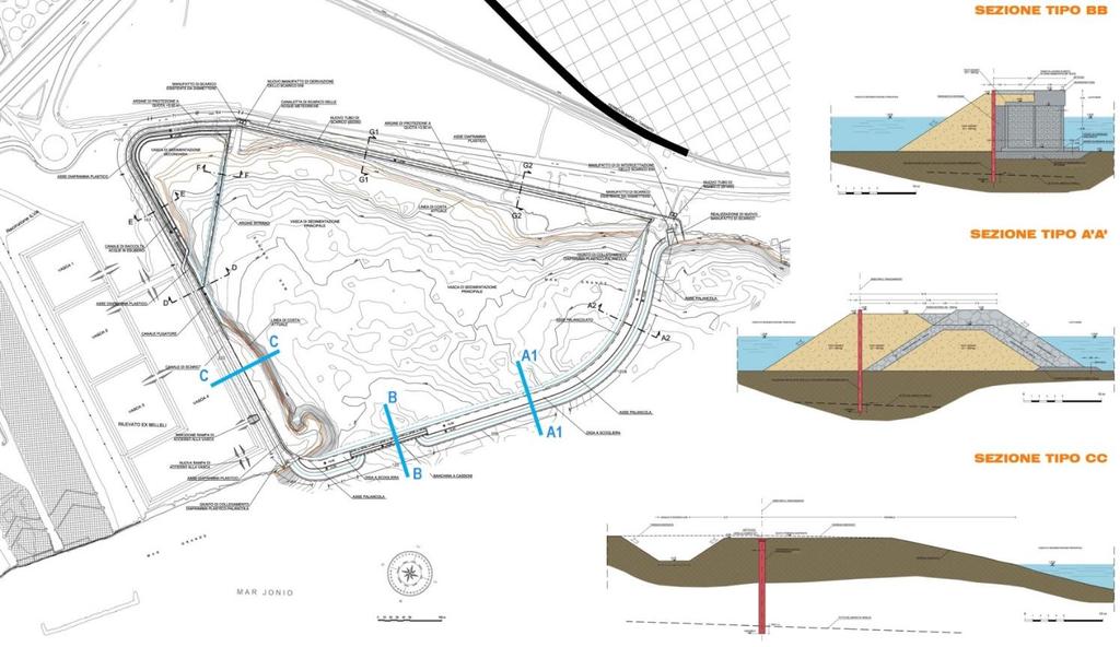 VASCA DI COLMATA AD OVEST DI PUNTA RONDINELLA La vasca di colmata prevede: sul lato mare un palancolato metallico all interno di un rilevato in materiale arido di cava (infisso nel terreno prima