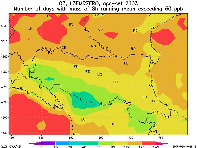 Scenari: Emilia Romagna zero, Ozono 100-120 80-100 Ozono, numero di giorni con media su 8 ore > 60 ppb, caso base (sinistra)
