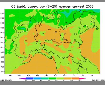 OZONO caso base target 2010: < 25 giorni O3 media diurna [μg/m 3 ] aprile-settembre Numero di giorni