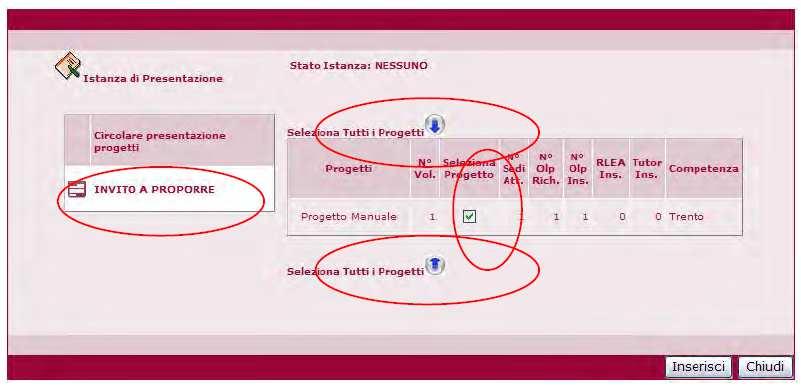 In funzione della circolare selezionata il sistema provvede a visualizzare solo i progetti aventi competenza coerente alla circolare selezionata.