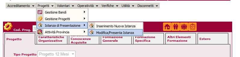 4.2 Modifica/Presenta Istanza Per modificare o presentare un Istanza è necessario accedere alla maschera di Modifica/Presentazione di un Istanza (figura 7).