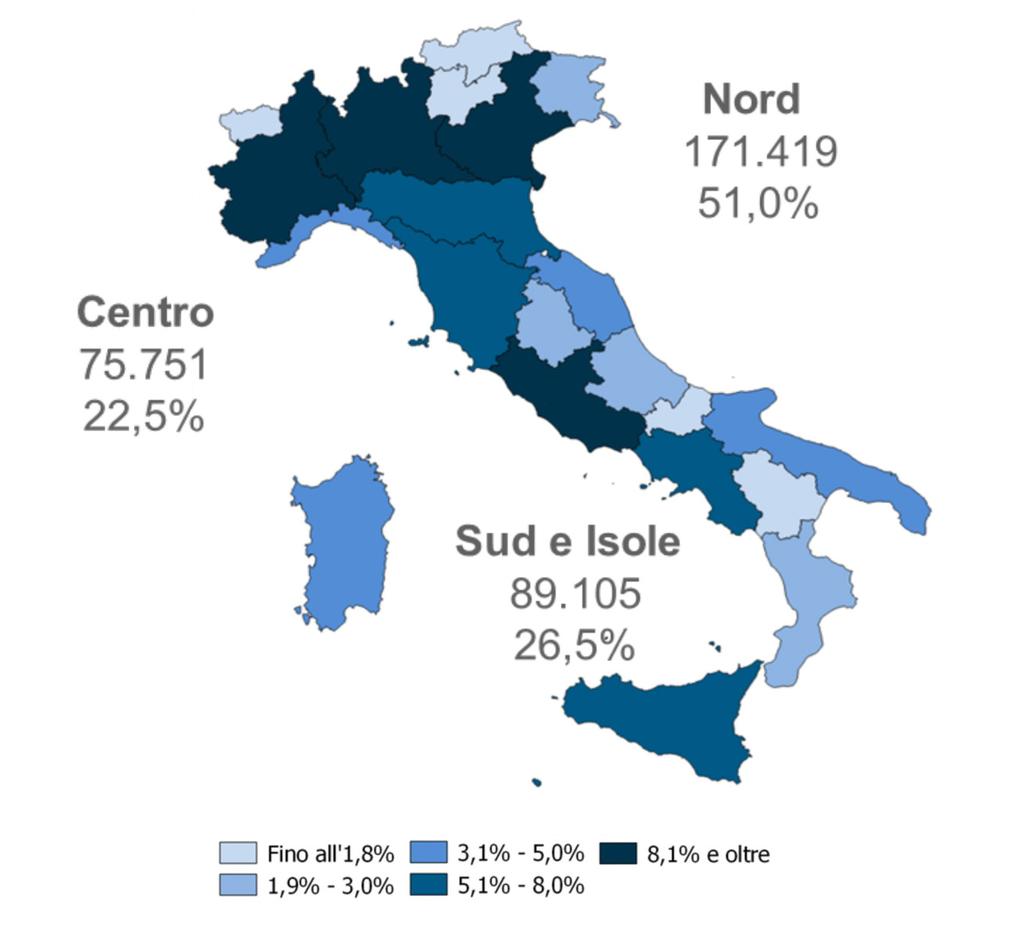 1. Contesto Distribuzione geografica Enti non profit Dalla rilevazione Istat (resa pubblica il 20 dicembre 2017 1 ), al 31.12.2015 gli enti non profit 2 attivi in Italia sono 336.