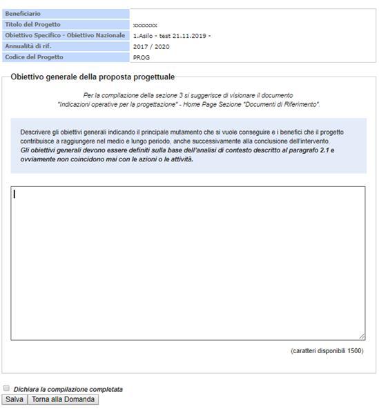 Compilare la sezione seguendo le indicazioni descritte all interno. Terminata la compilazione cliccare su Dichiara la compilazione completata e successivamente su Salva.