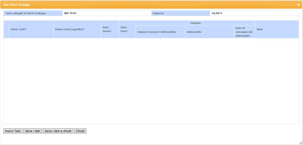 4.1.4 Gestione Task Selezionare il WP interessato e cliccare sul pulsante Gestisci Task per poter inserire le task di riferimento come mostrato in figura 40.