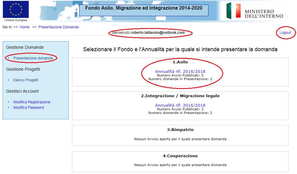 3. Inserimento di una nuova proposta progettuale Cliccando sul link Presentazione domande presente nella sezione Gestione Domande, l utente accede all elenco dei fondi e delle annualità per le quali