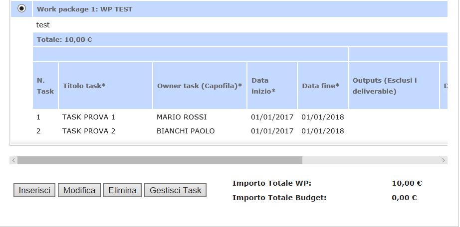 NB: la declinazione del progetto in WP ha lo scopo di schematizzare le principali fasi e attività progettuali, pertanto è opportuno non prevedere una eccessiva presenza di WP nonché di task associate.