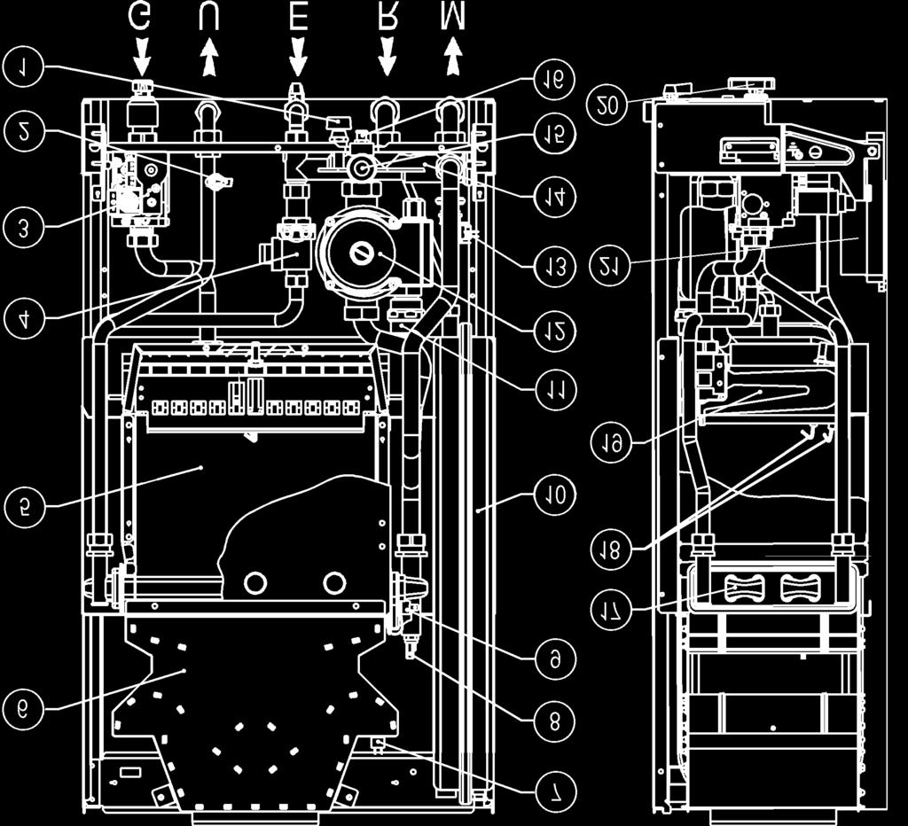 COMPONENTI PRINCIPALI 1 - Rubinetto riempimento impianto 2 - Sonda NTC regolazione sanitario 3 - Valvola gas 4 - Flussostato sanitario 5 - Camera di combustione 6 - Cappa fumi 7 - Termostato