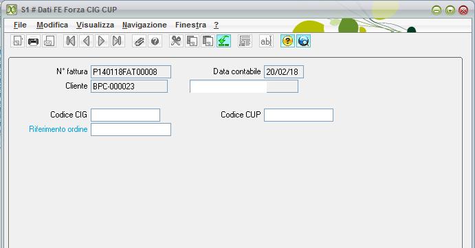 La funzionalità è accessibile dal menù Funzioni/Forza CIG e CUP In questa videata sarà possibile inserire CIG CUP e Riferimento Ordine Attenzione: la forzatura