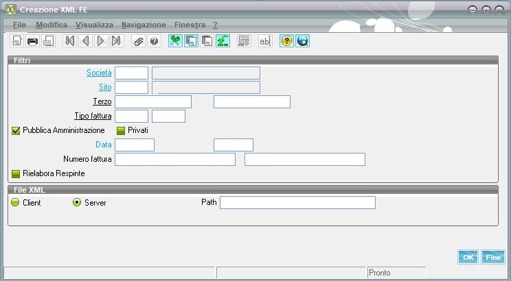 Creazione XML FE Sono previste due funzioni distinte di Creazione XML FE. Una per le fatture attive e una per le fatture passive per le quali è stata prevista l emissione in formato xml.