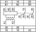 livello Schema di cablaggio RM4LA32 A1-A2, B1, Elettrodi B2, B3 di tensione dell'alimentatore (vedere la tabella di seguito) 15-18,15-16 Primo contatto C/O del relè di
