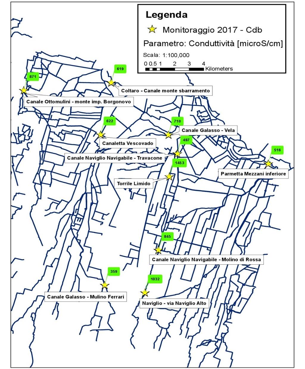 Qualità acque - Variabilità spaziale nel territorio della Pianura di Parma dei dati dell anno 2017 Distribuzione spaziale dei valori di 14 parametri di qualità delle acque della campagna 2017 ESEMPIO