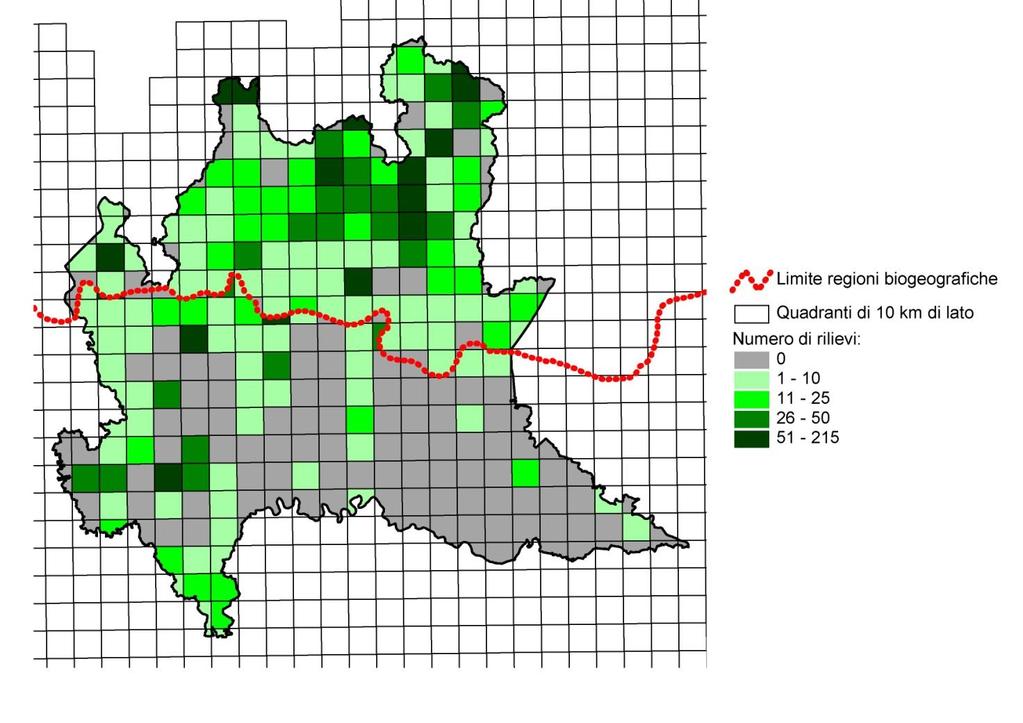 Georeferenziazione dei rilievi fitosociologici degli habitat di interesse comunitario La figura seguente mostra la ripartizione dei rilievi fitosociologici tra regione biogeografica e quadranti.