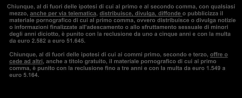 CESSIONE O DIVULGAZIONE Chiunque, al di fuori delle ipotesi di cui al primo e al secondo comma, con qualsiasi mezzo, anche per via telematica, distribuisce, divulga, diffonde o pubblicizza il