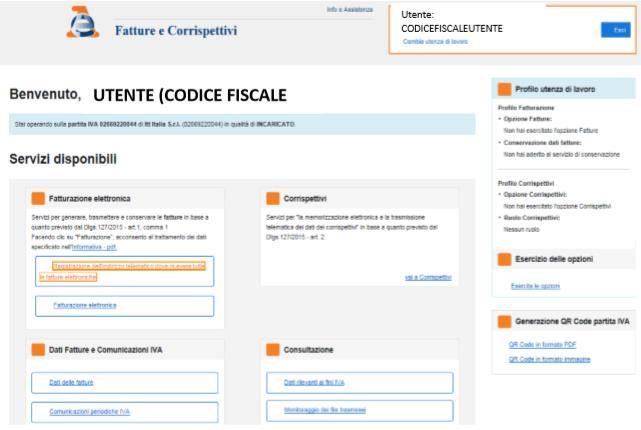Inserimento codice sul sito di Ade Scegliere la sezione «Fatture e Corrispettivi» Selezionare nei «Servizi