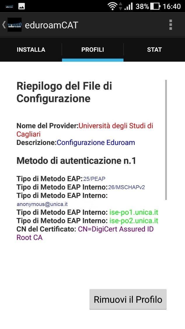 L installazione è completata e sarai connesso automaticamente ad eduroam Dal