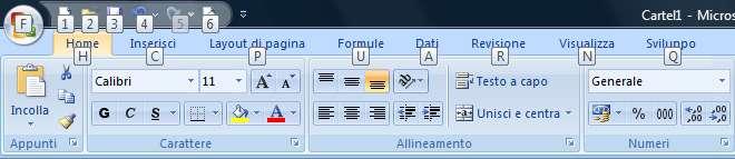 Per ogni singolo comando della barra multifunzione, del menu del pulsante Microsoft Office e della barra di accesso rapido è disponibile un tasto di accesso visualizzato da un suggerimento che appare