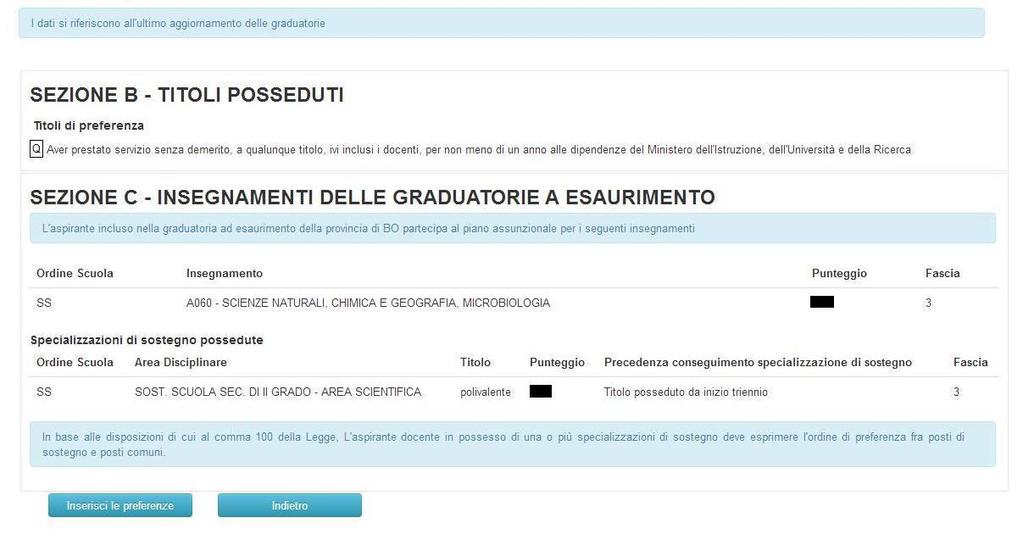 Nella schermata che segue, verificare la correttezza delle graduatorie- tipo di posto-elenco in cui