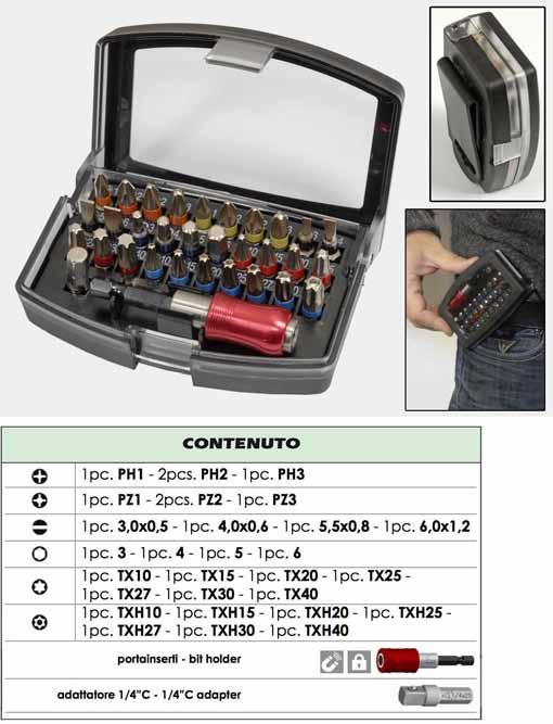 Pezzi 4430057520 Kit 14 bits+porta bits 1/4 15 Assortimento 32 bits con attacco esagonale 1/4" Bits colorati per una più