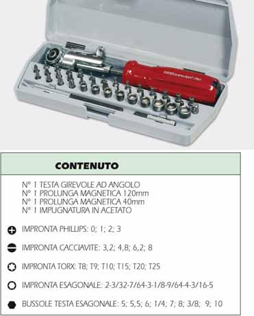 Cassetta Skewdriver con accessori attacco esagonale 1/4" Con testa piegata a 90, montabile anche su utensili elettrici o a batteria. 45 pezzi.