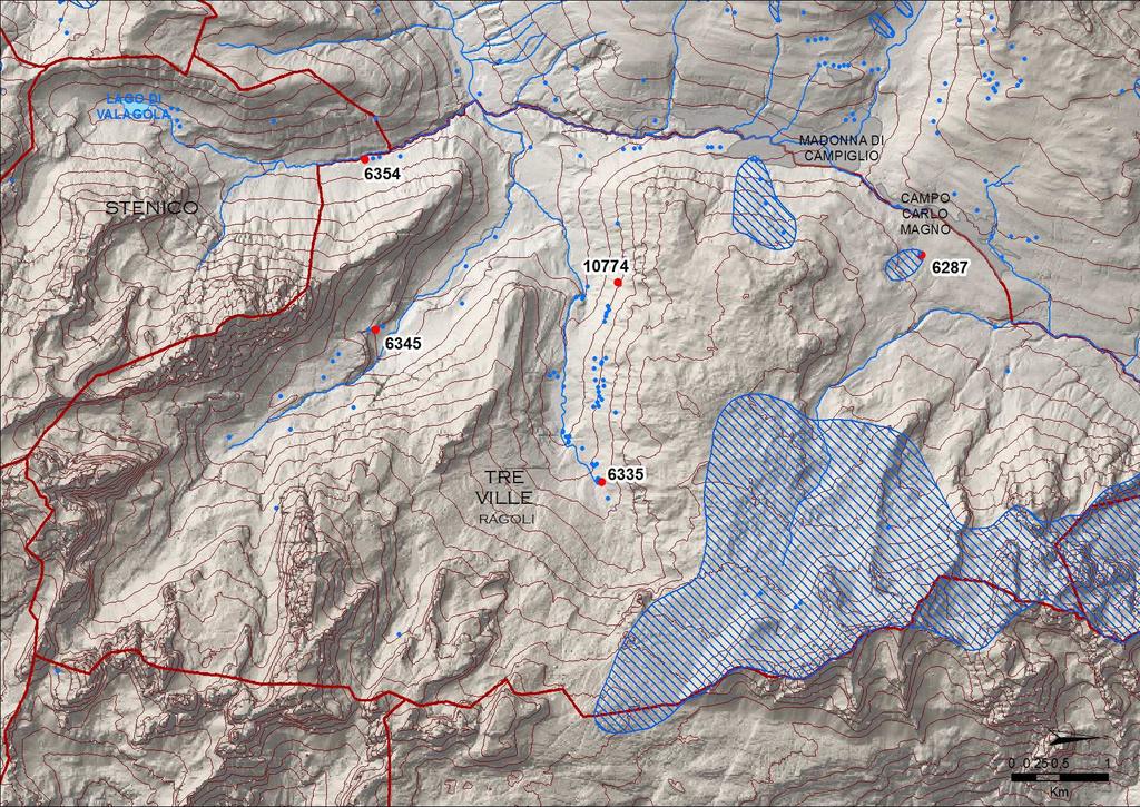 Figura 3 : mappa con l ubicazione delle sorgenti selezionate ed analizzate nella porzione di territorio staccata di Ragoli, alle pendici del Gruppo di Brenta.