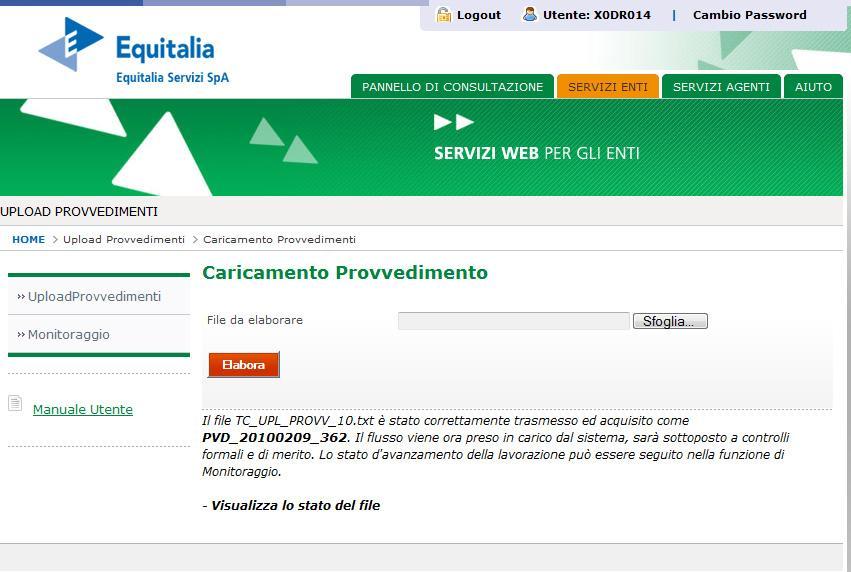 Figura 3: Upload Provvedimento Caricamento Provvedimento andato a buon fine.