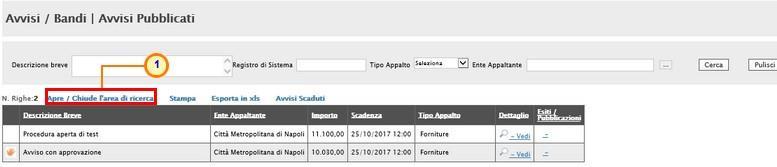 Figure:3-- Avvisi / Bandi Avvisi Pubblicati Apre/Chiude l area di ricerca Al di sotto della toolbar è presente una griglia in cui viene riportato l'elenco di tutti gli Avvisi Pubblicati dalla