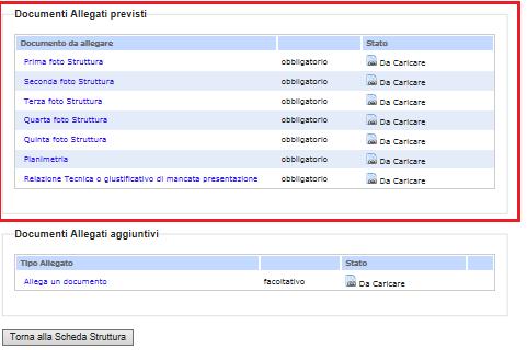 Cliccare su Documenti da allegare per accedere alla maschera di caricamento dei documenti obbligatori e facoltativi.