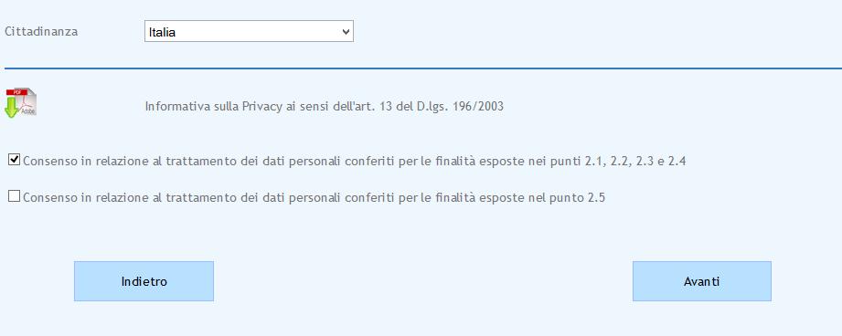 Inserita la cittadinanza e prestato il consenso ad almeno il