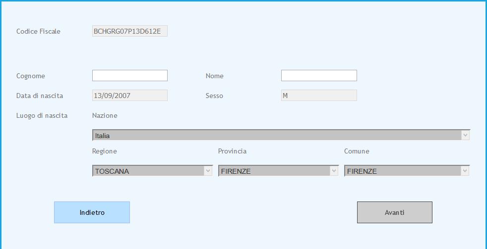 Inserendo un Codice Fiscale valido il sistema automaticamente riporterà nei campi in grigio, non editabili, i dati che corrispondono