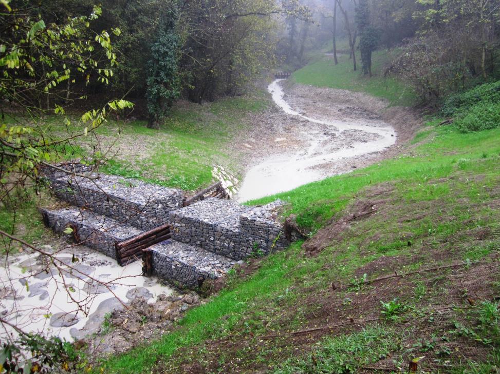 Figura 9 Il restringimento in pietrame rinverdito realizzato sul Rio Bianello durante le piogge di fine ottobre 2014. Si può notare l effetto di invaso delle acque a monte della struttura.