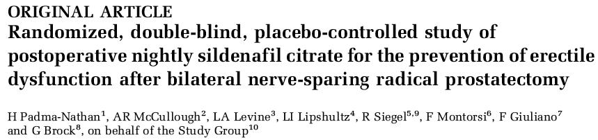 Riabilitazione peniena Sildenafil 76 uomini trattati con sildenafil (50 o 100mg) vs placebo iniziando 4 settimane dopo BNSRP per 36 settimane.