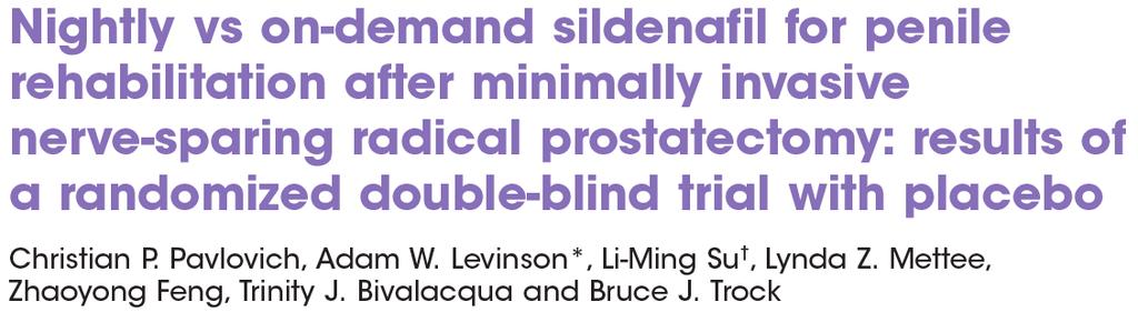 Padma- Nathan H, 2008 100 uomini randomizzati a sildenafil (nightly vs on-demand) vs placebo post BNSRP Il tipo di trattamento (nightly vs ondemand
