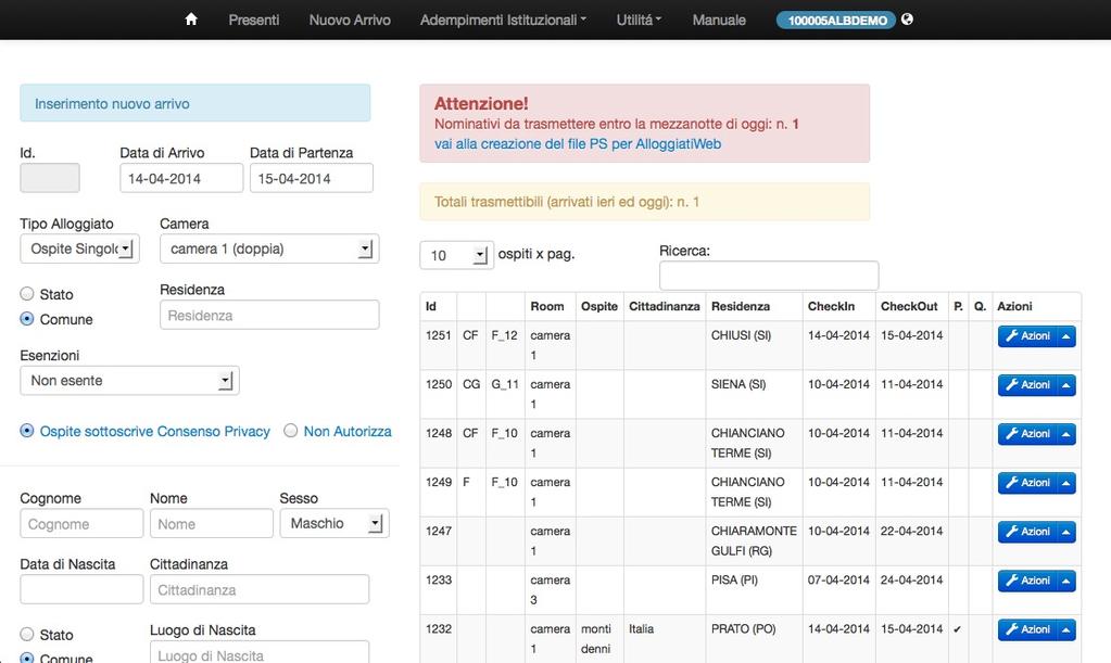 1. INTERFACCIA Avete a disposizione una serie di sezioni per gestire il WebCheckIn: Nuovo Arrivo per inserire un nuovo ospite Adempimenti istituzionali ad esempio l esportazione per la pubblica