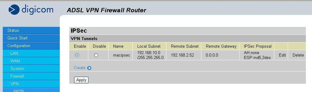 Cliccate su Enable e Apply per attivare l account IPSEC appena creato.