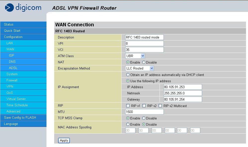 imppoostazioni LAN e WAN del