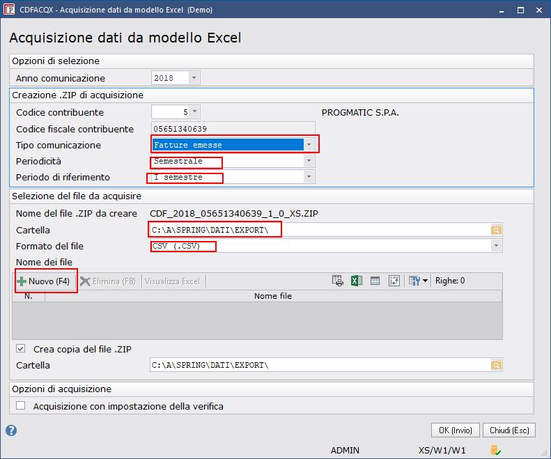 Cliccare sul pulsante Nuovo (F4) e selezionare i due files delle fatture emesse: N.B.