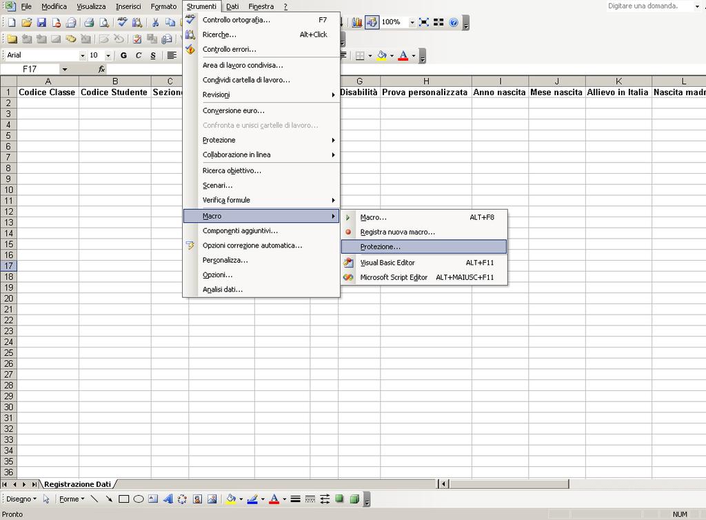 Fare clic su OK e nel menu Strumenti selezionare la voce Macro e poi Protezione come illustrato in Figura A2.