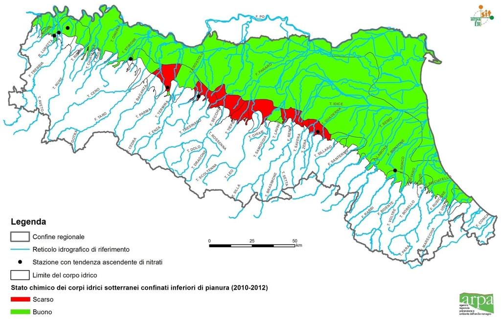 Stato qualitativo: corpi idrici confinati inferiori di pianura Nitrati: Conoidi emiliane confinate inferiori Organoalogenati: Conoidi confinate inferiori appartenenti alla Province di MO e BO Conoide