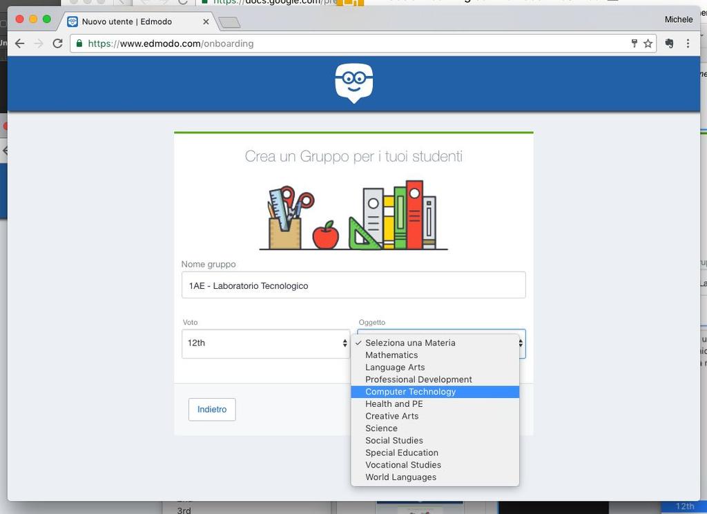 modalità insegnante 3/3 edmodo Indicazioni sommaria dell area di appartenenza della propria materia che potrebbe non avere una corrispondeza con il