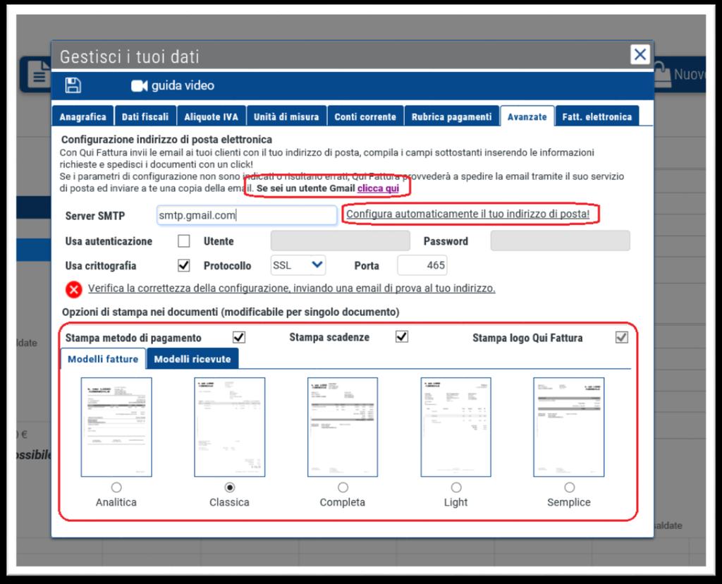 Dati TAB Avanzate Nel TAB Avanzate potrà definire i parametri per l invio dei documenti direttamente ai clienti intestatari, tramite configurazione dell account di posta da utilizzare.