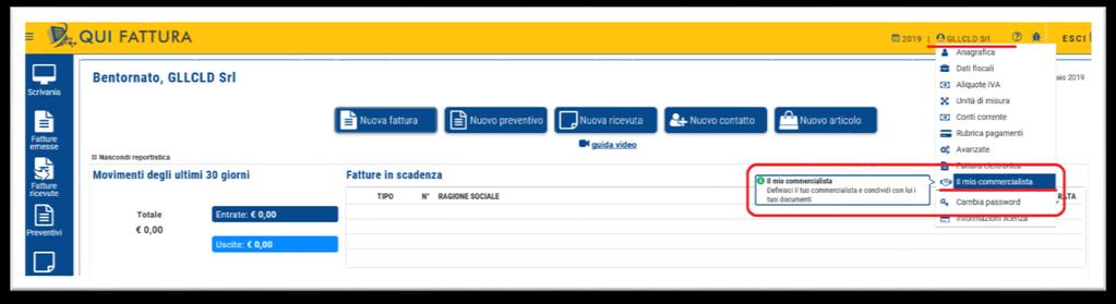 Dati commercialista Una volta completato il caricamento dei dati dell azienda, e se vorrà condividere i suoi dati con il suo commercialista, potrà provvedere a definire i dettagli della condivisione