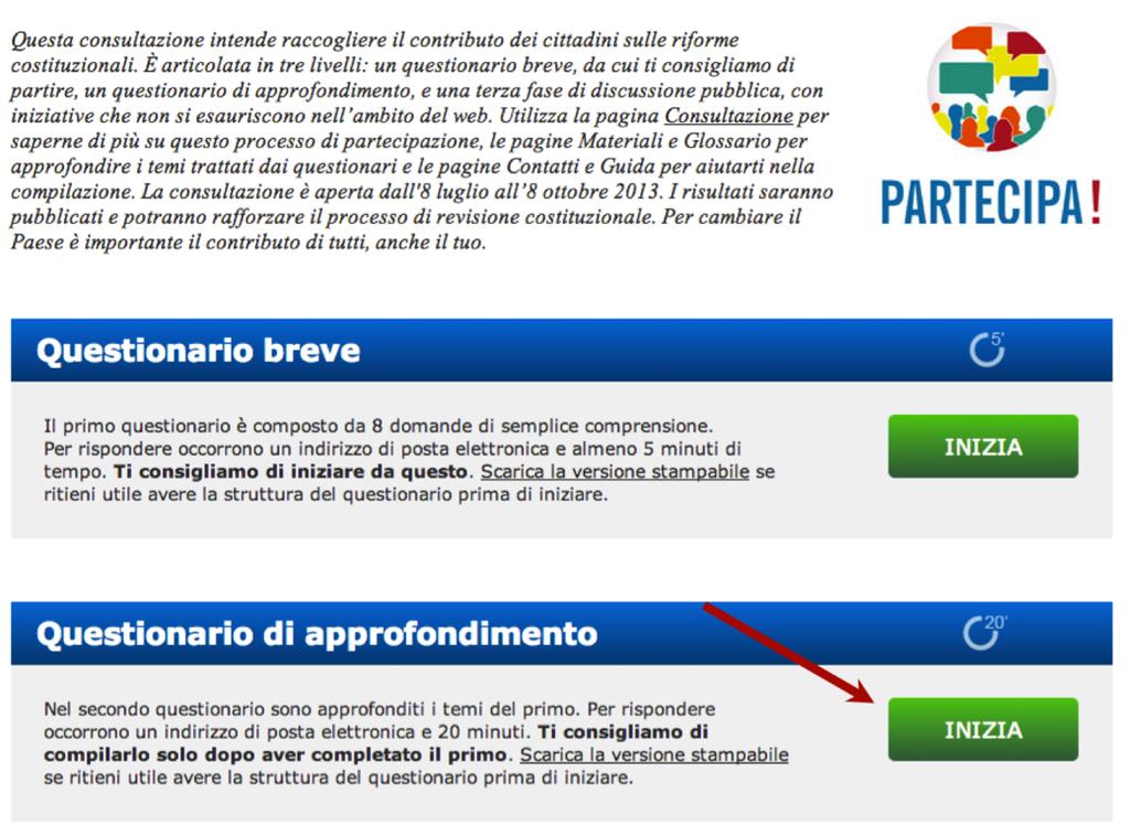 QUESTIONARIO DI APPROFONDIMENTO Iniziare Per accedere al Questionario di approfondimento devi premere il tasto verde INIZIA presente all interno del box in home page.